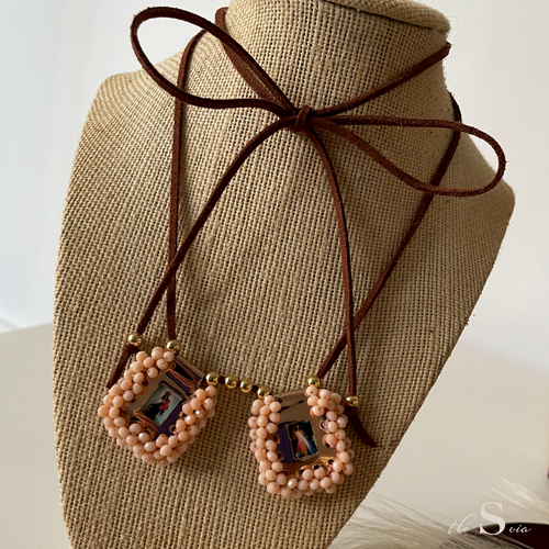 Nude pink Scapular Brown Lace Necklace